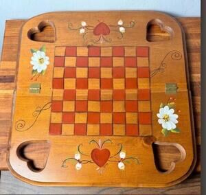 Hand-Painted Wooden Checkerboard: Floral Hearts, Country Folk Art Decor